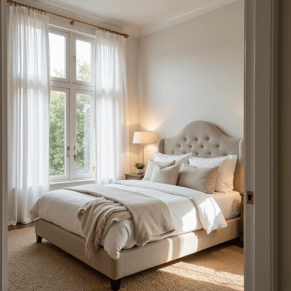 A serene bedroom featuring a king-sized bed with an upholstered headboard, dressed in cream and white textiles, bathed in gentle morning light from tall windows with sheer curtains, and warm Sherwin-Williams Neutral Ground walls.