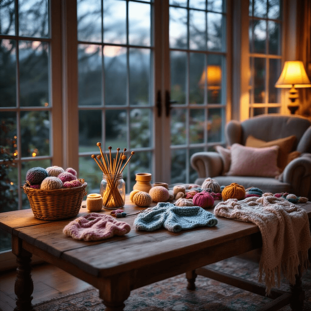 A cozy crafting area in a serene living room at twilight, featuring a rustic wooden table cluttered with knitting and crochet projects, vibrant yarn, vintage needles in a mason jar, and a nearby armchair holding a basket of pastel hats and mittens, all bathed in warm golden light.