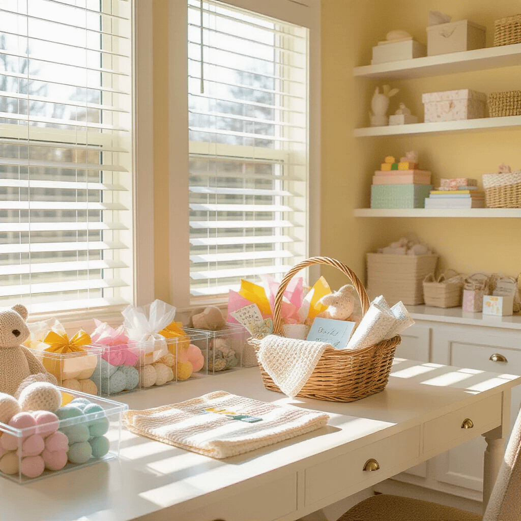 A charming home office converted into a gift-wrapping station, featuring a large desk covered in handmade baby gifts, colorful tissue paper, ribbons, and a completed gift basket, with bright natural light streaming through venetian blinds, casting striped shadows across pale yellow walls and white shelves.