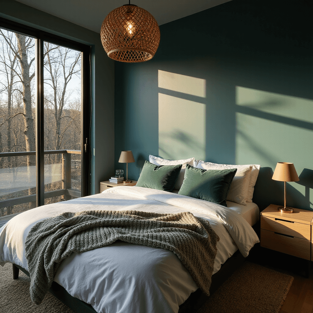 A cozy 12x14ft bedroom at golden hour, featuring Behr Ocean Abyss teal walls, a queen bed with white linens and sage green pillows, floor-to-ceiling windows overlooking a forest, a rattan pendant light, and white oak nightstands with ceramic lamps, all bathed in warm, moody light.