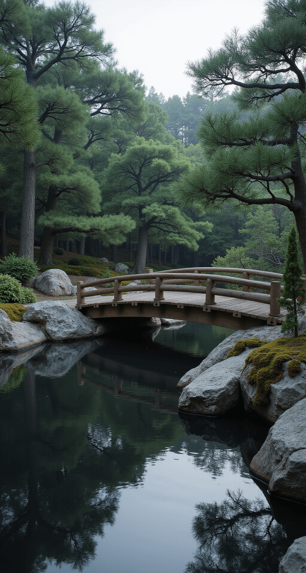 A serene Japanese-inspired meditation pond at dawn, featuring a traditional wooden bridge reflected on the still water, surrounded by cloud-pruned pines and moss-covered rocks in a natural color palette of greys and greens, creating a contemplative and timeless atmosphere.