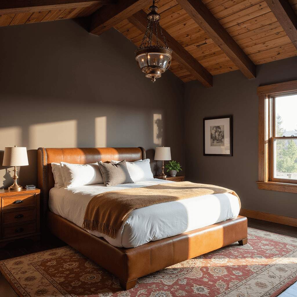 A sophisticated primary bedroom featuring Char Brown walls, vaulted wooden beam ceiling, a California king bed with leather headboard and layered ivory linens, a vintage Persian rug, and a bronze chandelier, captured from an elevated angle to showcase depth and architectural details.