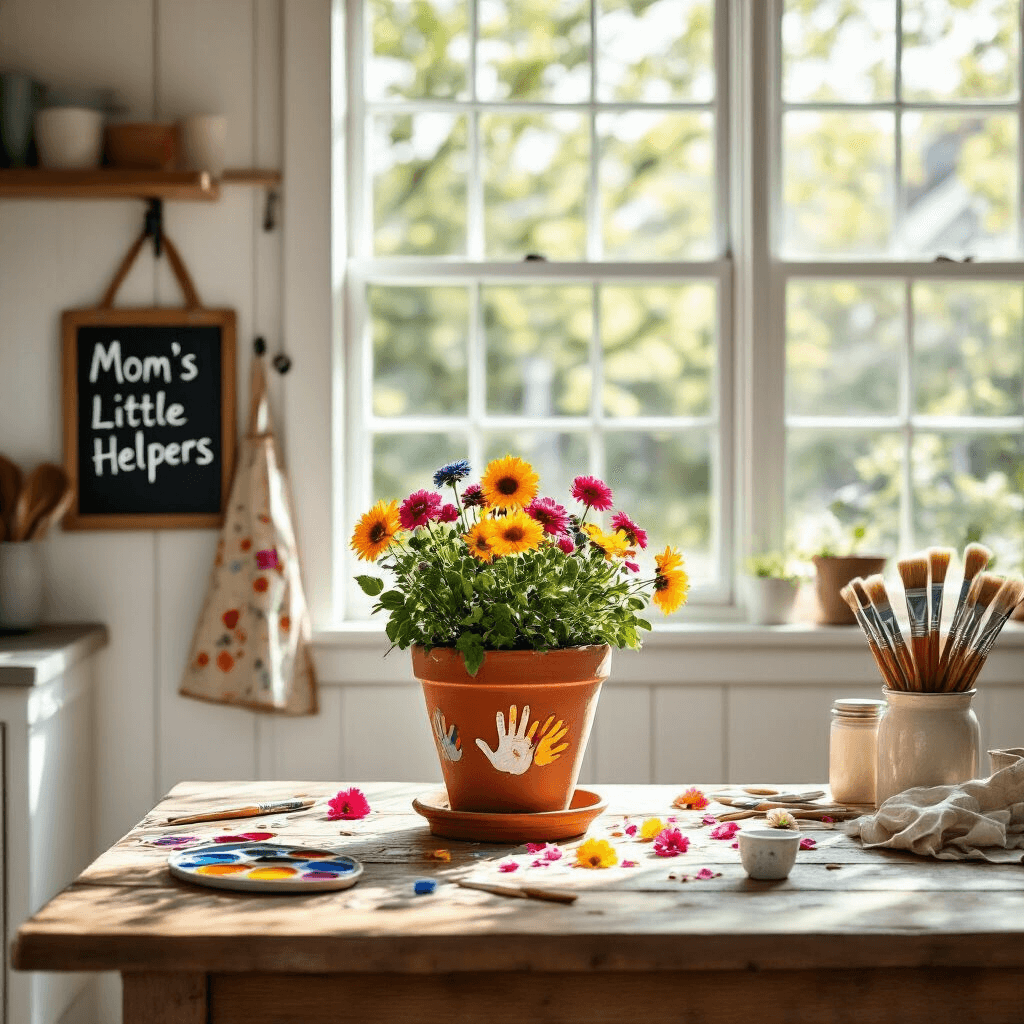 A sunlit kitchen with white shiplap walls and oak floors features a rustic wooden table at center, adorned with a colorful hand-painted terracotta pot, paintbrushes, and flower petals. A vintage apron hangs nearby, while a chalkboard sign reads 'Mom's Little Helpers', all captured from a low angle.