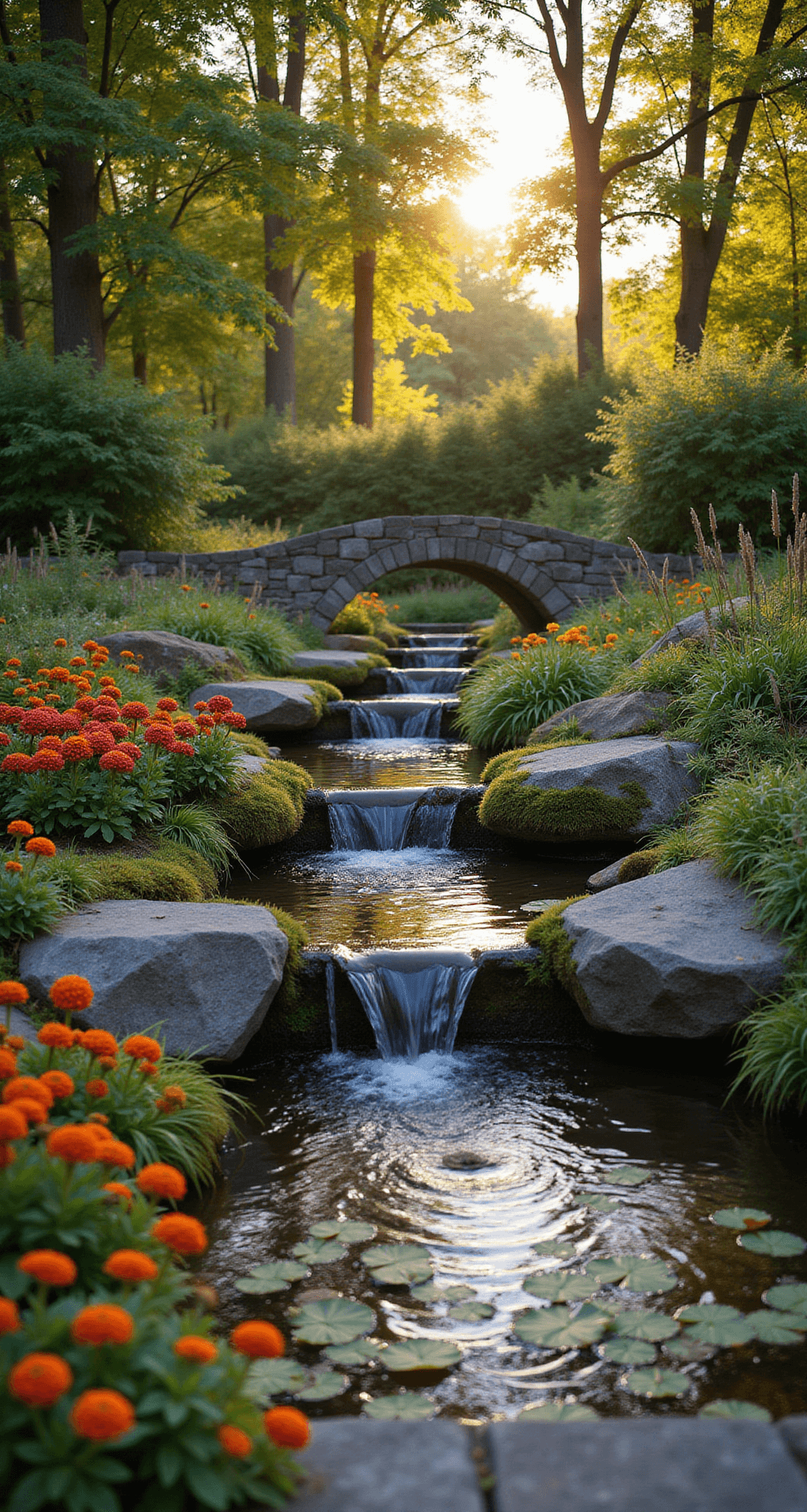 A wide-angle view of a serene stream garden during golden hour, featuring a meandering stream with mini-waterfalls, bordered by natural stone steps and vibrant plantings of cardinal flowers and marsh marigolds, with water lilies in deeper pools and a natural stone bridge crossing the stream, all captured at ground level with a soft bokeh effect in the background.