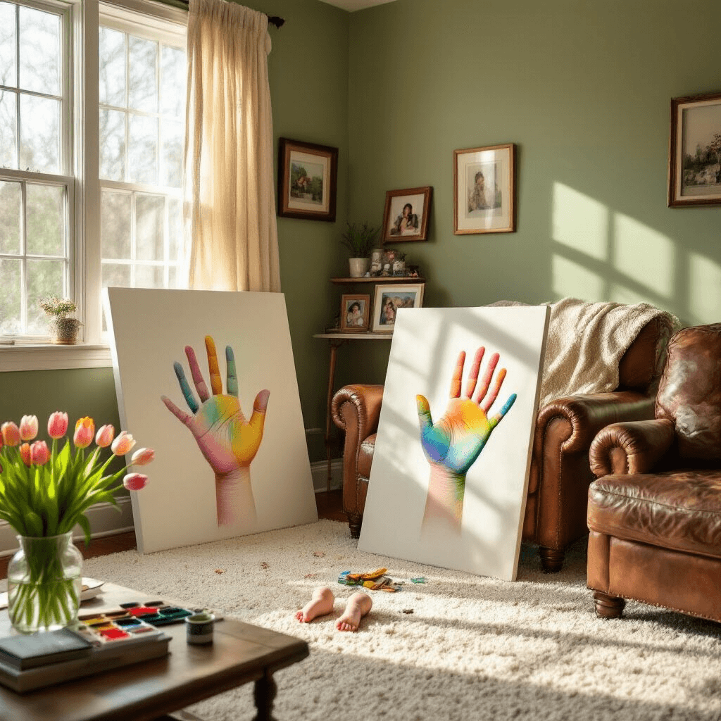 A cozy living room with sage green walls and plush cream carpet, bathed in golden hour light filtering through sheer curtains. A large white canvas showcasing a handprint bouquet leans against a weathered leather armchair, surrounded by paint-stained little hands and feet. Art supplies are scattered around, family photos adorn a nearby shelf, and a vase of fresh tulips is on the coffee table, all captured from an elevated angle.