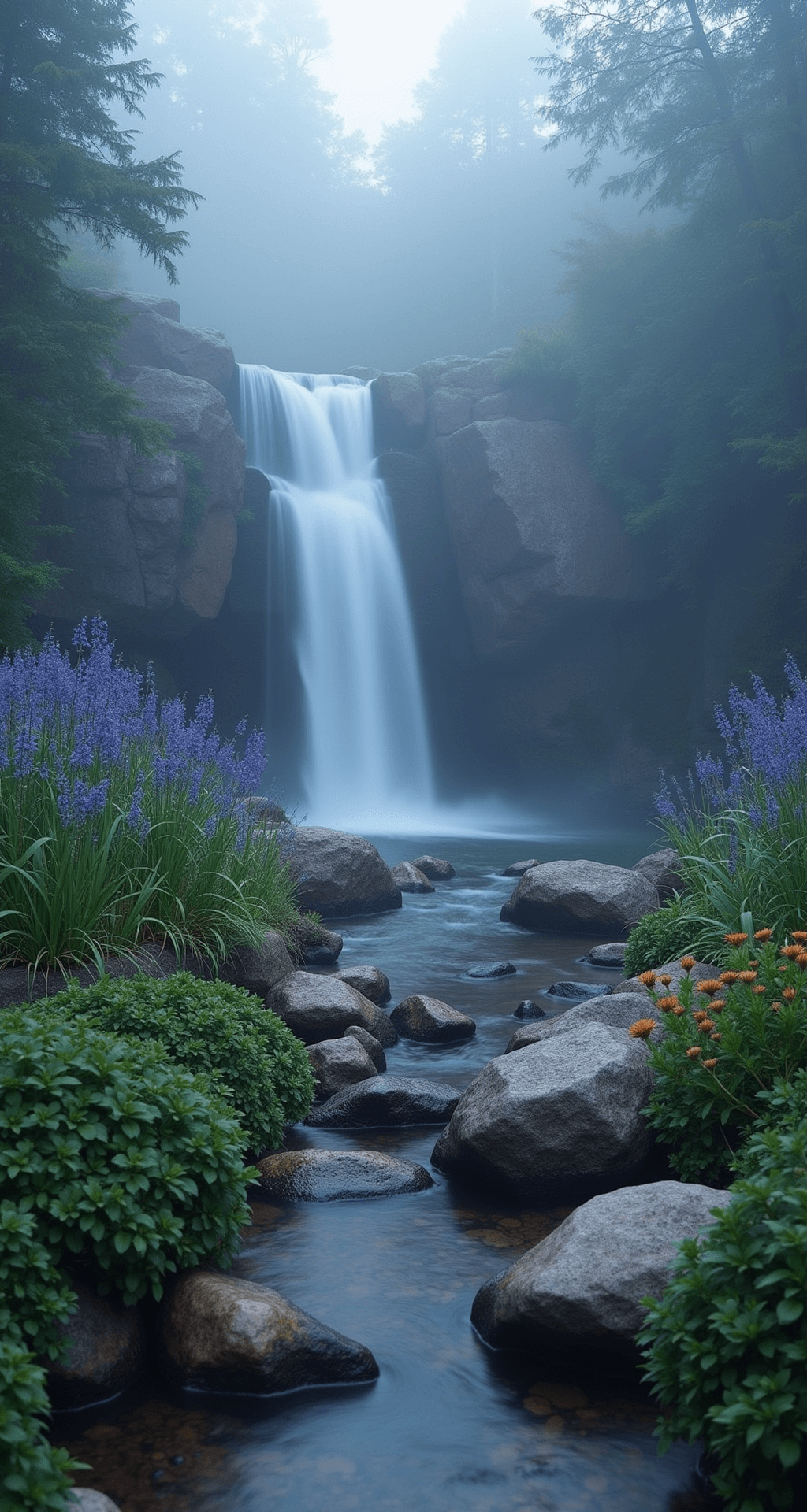 Early morning scene of a serene water garden with a cascading stream, enveloped in mist and cool blue light, featuring granite boulders, earth-toned river rocks, purple monkey flowers, and blue grama grasses, all captured with rich detail and depth.