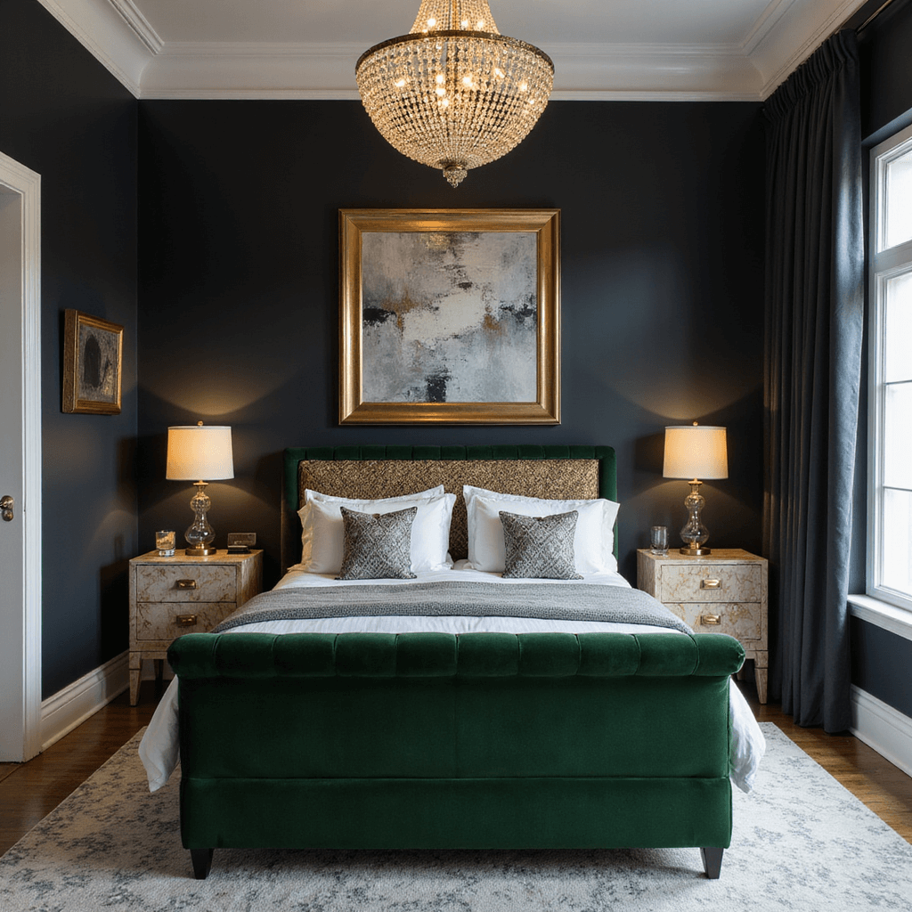 A bold bedroom featuring Farrow & Ball Paean Black walls and white trim, with an emerald green velvet platform bed, brass-framed abstract art, a crystal chandelier, metallic wallpaper, and marble-topped nightstands with glass lamps, captured from a corner position at dusk.