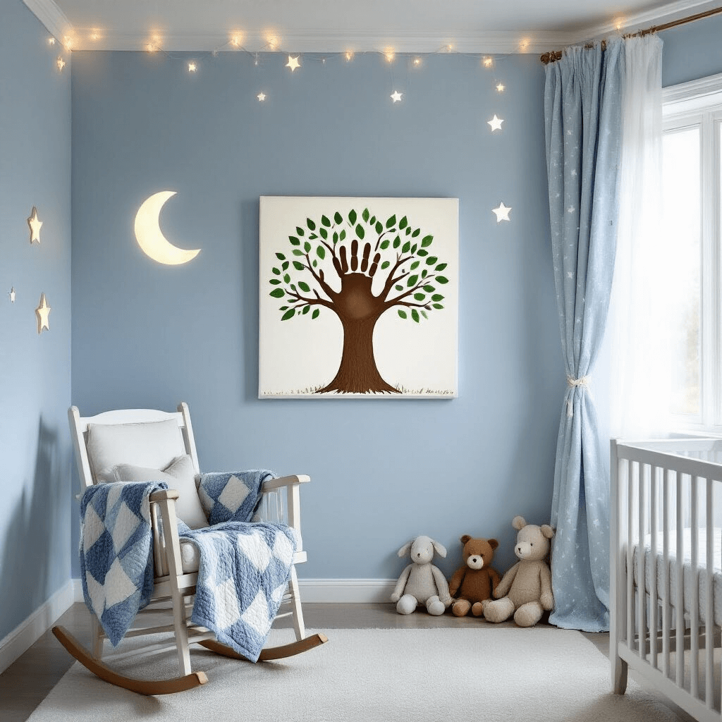 A serene nursery with soft blue walls and white trim, featuring a crib beneath a framed handprint tree, a rocking chair with a quilt, and stuffed animals, illuminated by moonlight and fairy lights.