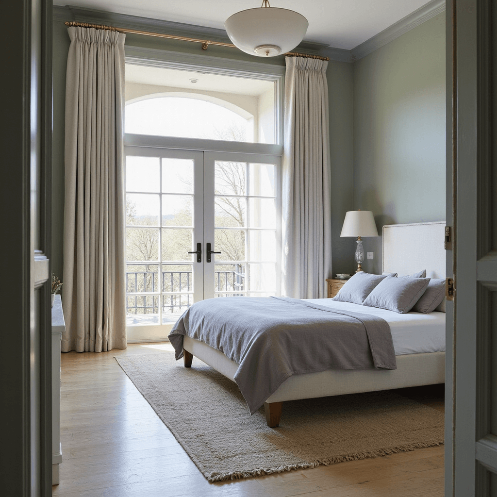 A serene bedroom bathed in early morning light, featuring muted sage walls and soft gray trim, with floor-to-ceiling linen drapes, a queen bed with white upholstered headboard and lavender-gray bedding, pale oak flooring, and a vintage-inspired wool rug, viewed from the doorway.