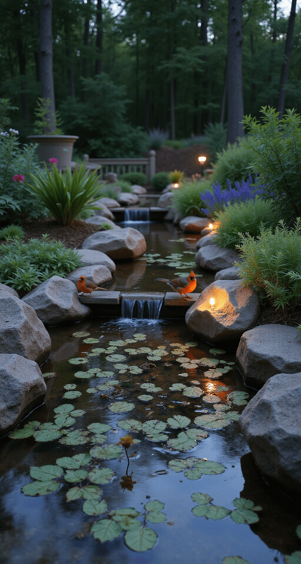 A serene dusk scene of a wildlife garden's gathering spot, featuring a deep pool surrounded by rocks. Cardinal birds drink at the water's edge, while dragonflies hover above native plants. Soft evening light casts reflections, and weathered copper lighting highlights the area. The image captures an intimate moment at bird's eye level, with ferns and hostas in a layered backdrop.