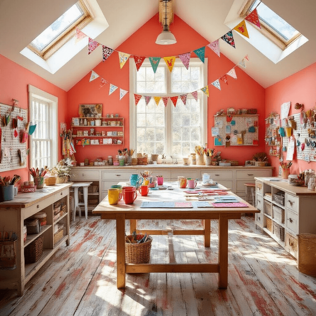 A bright craft room featuring coral accent walls and distressed wood flooring, illuminated by sunlight from skylights. A large crafting table in the center is covered in colorful, handprint-decorated items. Mason jars with paintbrushes line one side, and a pegboard holds neatly arranged tools. Bunting with children’s names hangs above, capturing the creative energy of the space.