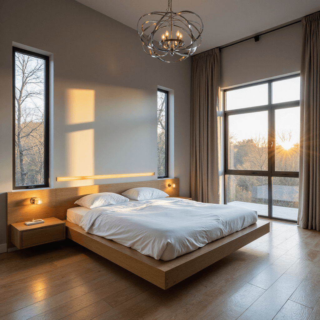 Elegant modern bedroom during golden hour, featuring a minimalist platform bed, floating nightstands, and a chrome chandelier, with sunlight casting shadows on white oak flooring and warm metallic accents against cool gray walls.