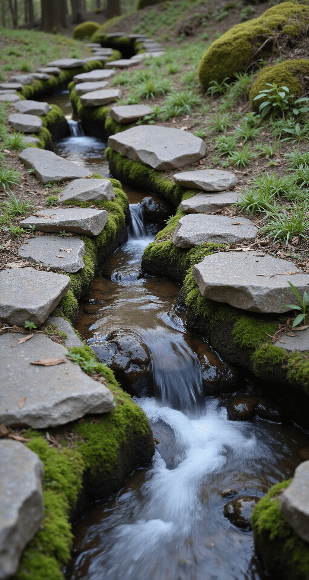 Close-up shot of expertly crafted stonework along a 12-foot stream section, featuring granite, slate, and river rock, bathed in late afternoon light that enhances textures and moss patterns. Water cascades through the stone channels, with native plant roots interwoven, showcasing age and natural transitions. The composition utilizes diagonal lines for drama, with sharp detail achieved through focus stacking, highlighting earth tones and vibrant green moss with blue-green lichen accents.