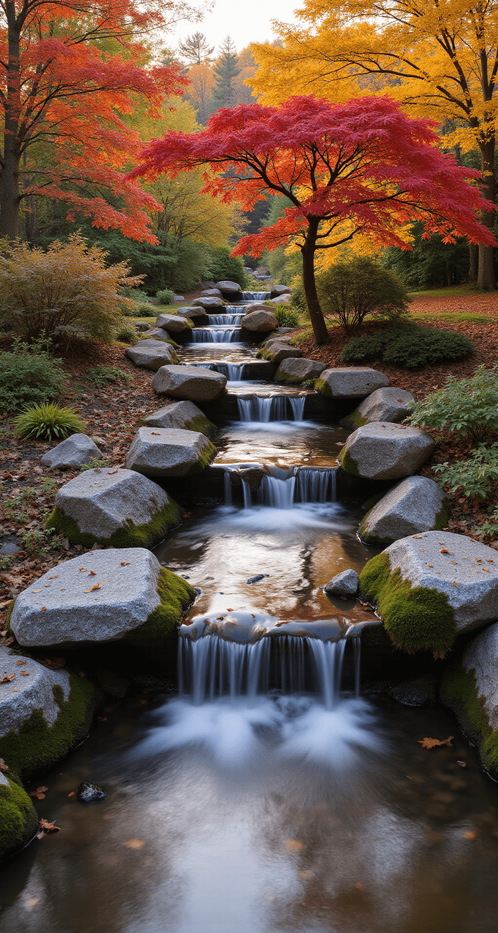 Elevated shot of a 40-foot stream garden in autumn, showcasing vibrant fall foliage illuminated by golden late afternoon light, with a Japanese maple canopy over a calm pool, dynamic water flow patterns due to varied levels, and strategically placed boulders, captured with rich textures and enhanced colors.