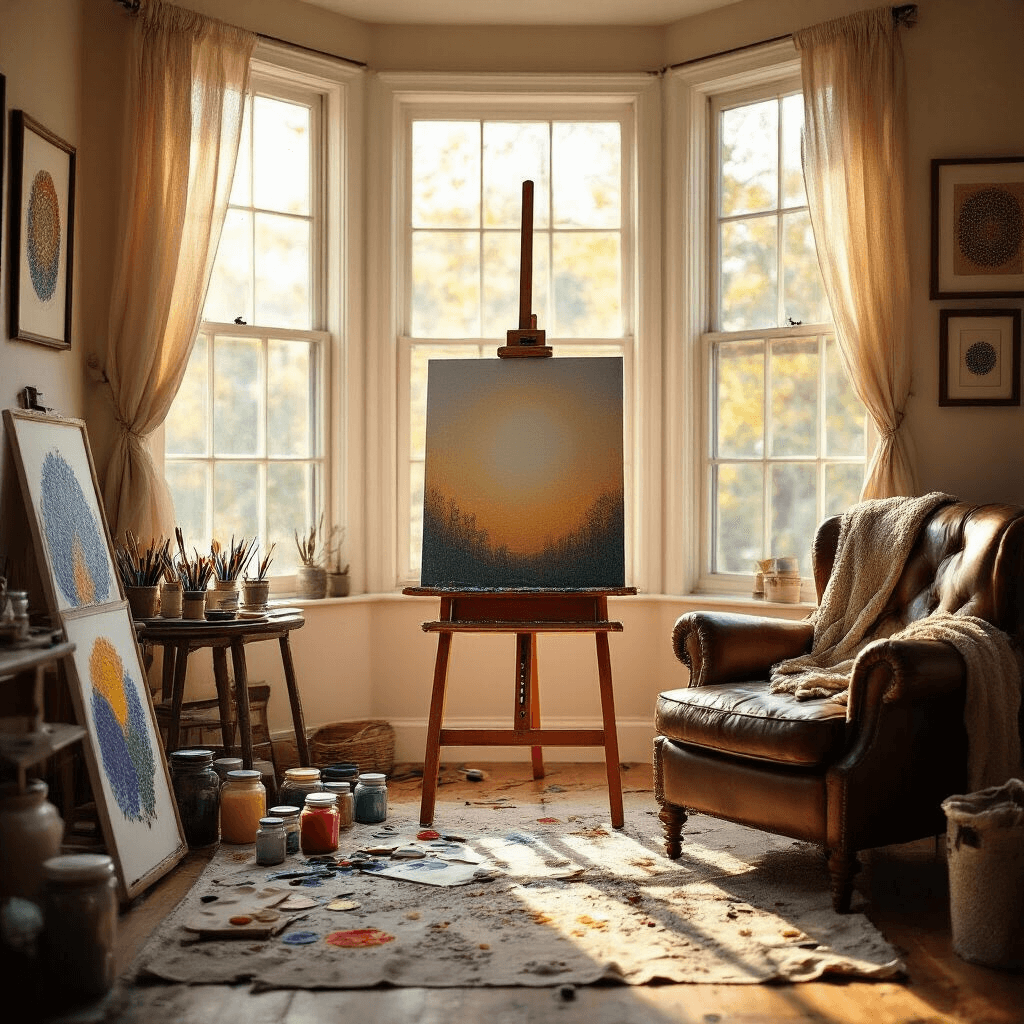 A cozy home studio filled with warm afternoon light, featuring a vintage wooden easel with a half-finished pointillism canvas, surrounded by colorful acrylic paint jars and scattered Q-tips, with a distressed leather armchair nearby. The bay window has sheer curtains that filter golden sunbeams, and the walls display framed dot art pieces in various styles.