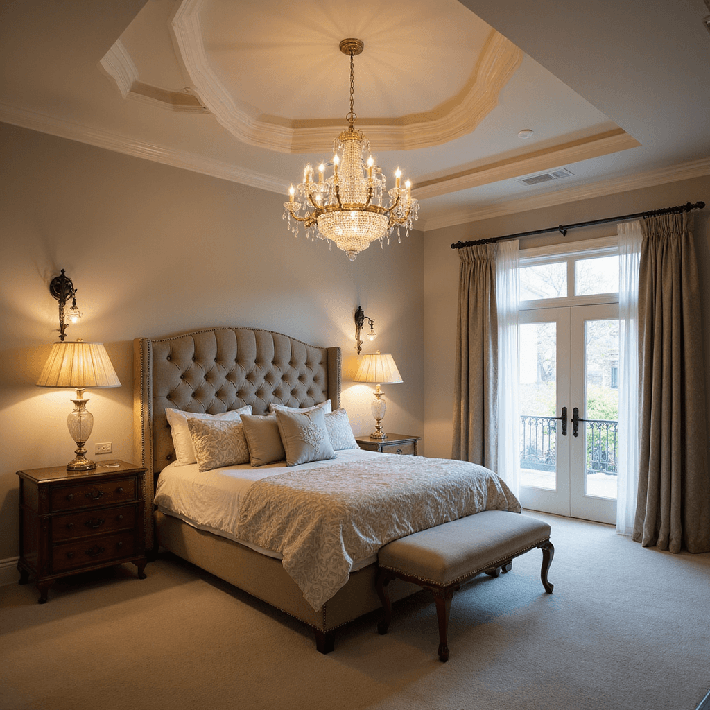 A grand master bedroom featuring a tray ceiling, illuminated by an ornate crystal chandelier above a tufted king bed dressed in damask linens. Flanking the bed are carved wooden nightstands with matching pleated silk lamps, while wall sconces cast a warm glow. French doors with sheer curtains let in soft evening light, enhancing the room's elegance and symmetry.