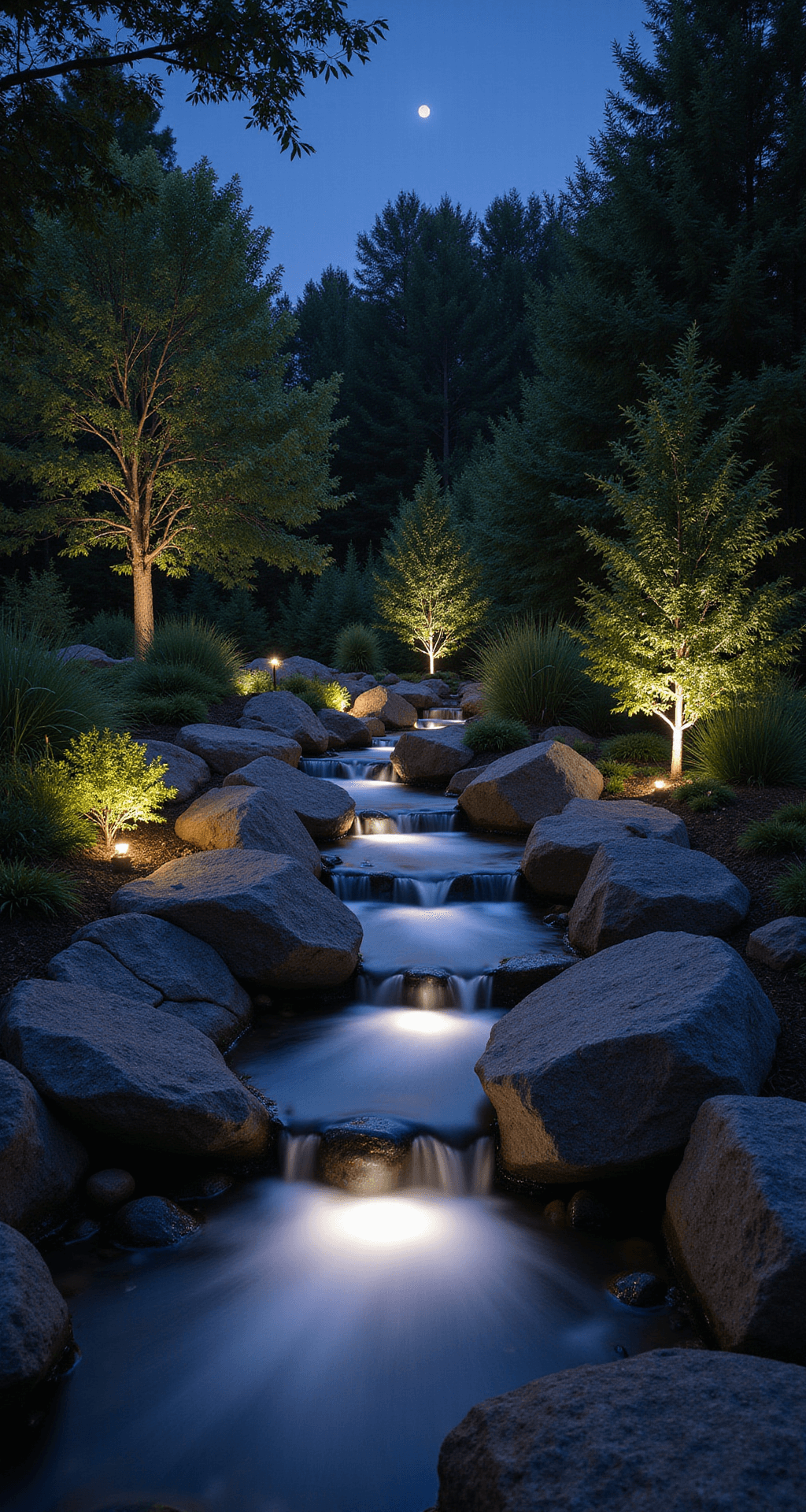 A nighttime landscape photograph featuring a 25-foot stream illuminated by cool LED uplighting on boulders, with silky water flow captured through a 2-second exposure. The scene is complemented by strategic copper fixtures hidden in the foliage and natural moonlight illuminating surrounding plants, showcasing depth through dramatic shadows.