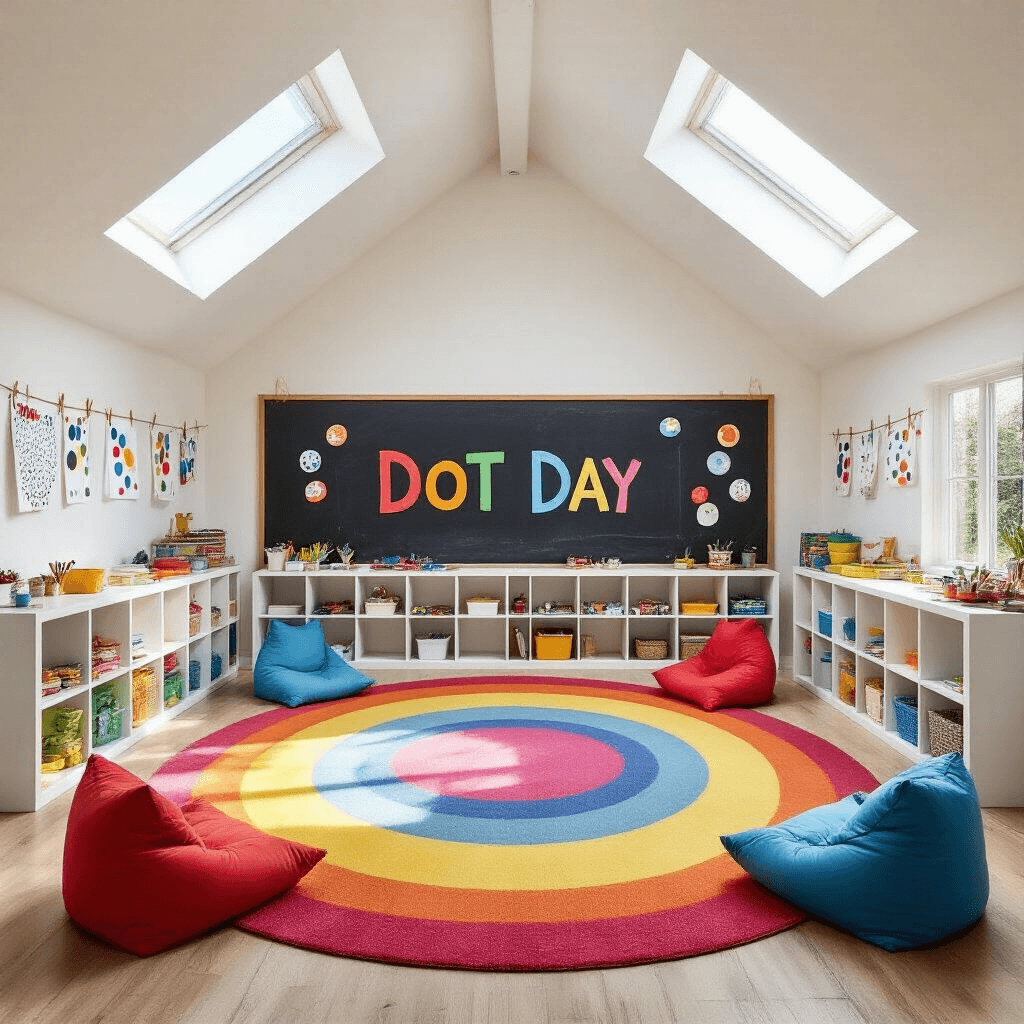 A bright and airy children's playroom featuring vaulted ceilings and skylights. The room is filled with natural light and has a vibrant circular rug at its center. Surrounding low white shelves are stocked with art supplies, while a chalkboard wall displays 'Dot Day' in colorful chalk. Children’s dot artwork is hung from clotheslines, and bold-hued beanbag chairs are placed throughout the space, all captured from a wide-angle perspective.