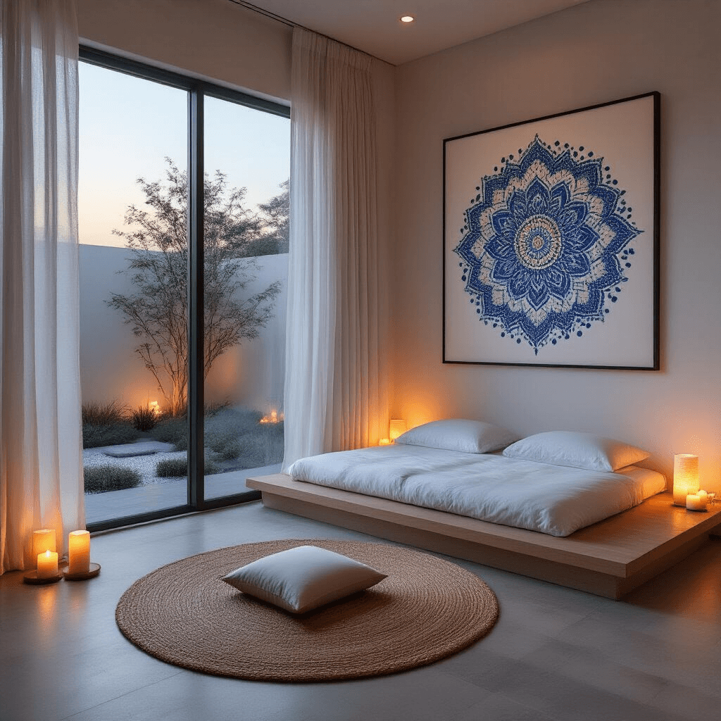 A peaceful meditation corner in a minimalist bedroom at dusk, featuring a large window overlooking a zen garden, a low platform bed with white linens, a jute rug with a meditation cushion and flickering candles, and a mandala dot art piece in blues and purples, illuminated by warm lighting from a Himalayan salt lamp.