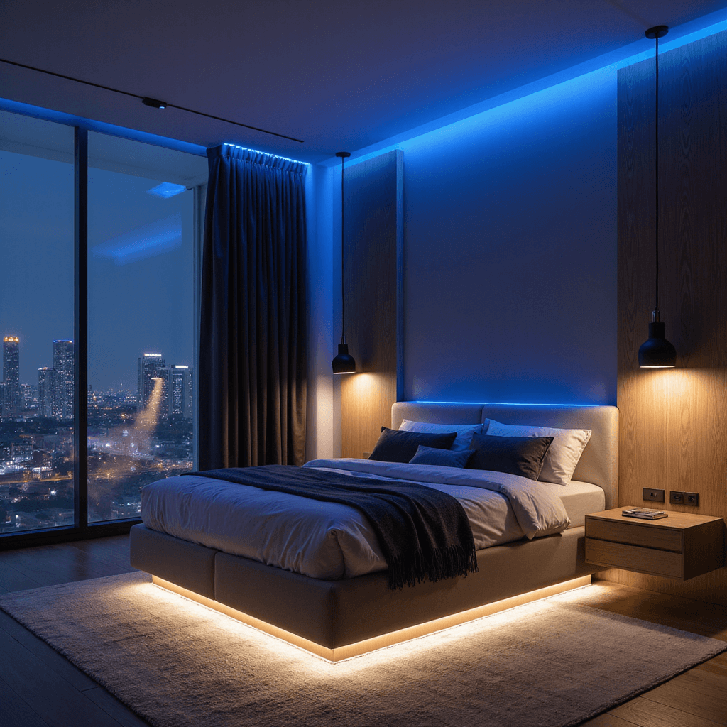 Contemporary bedroom at night featuring smart lighting, color-changing LED cove lights, automated curtains, minimalist pendant lights, and hidden strip lighting under a floating bed, shot from a corner angle to highlight technology integration and architectural design.