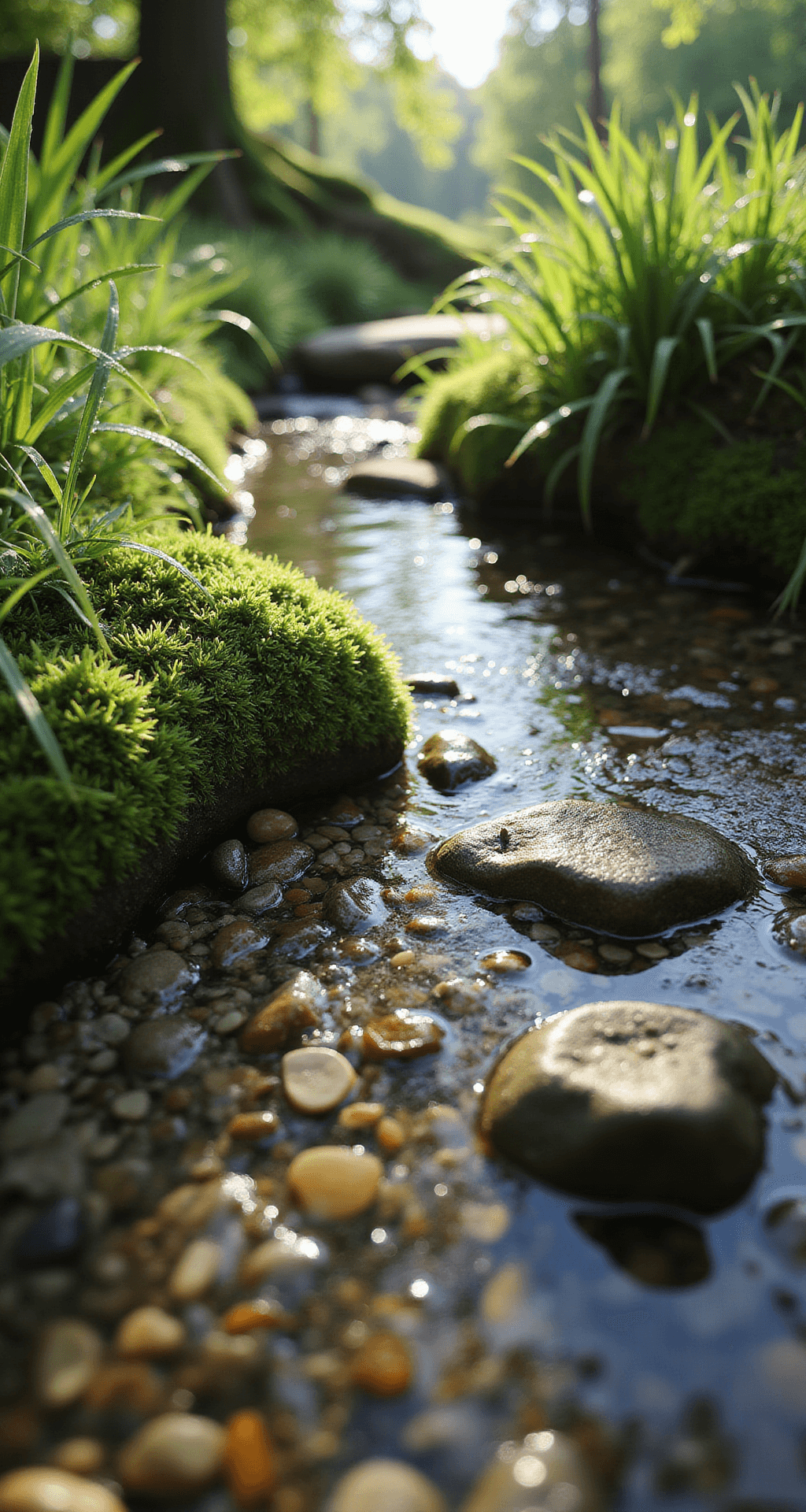 Close-up of a micro-ecosystem where a stream meets a planted edge, featuring morning dew on grass blades, clear water showcasing river rocks and gravel, and tiny fish in shallow areas, all illuminated by dappled natural light from the tree canopy.