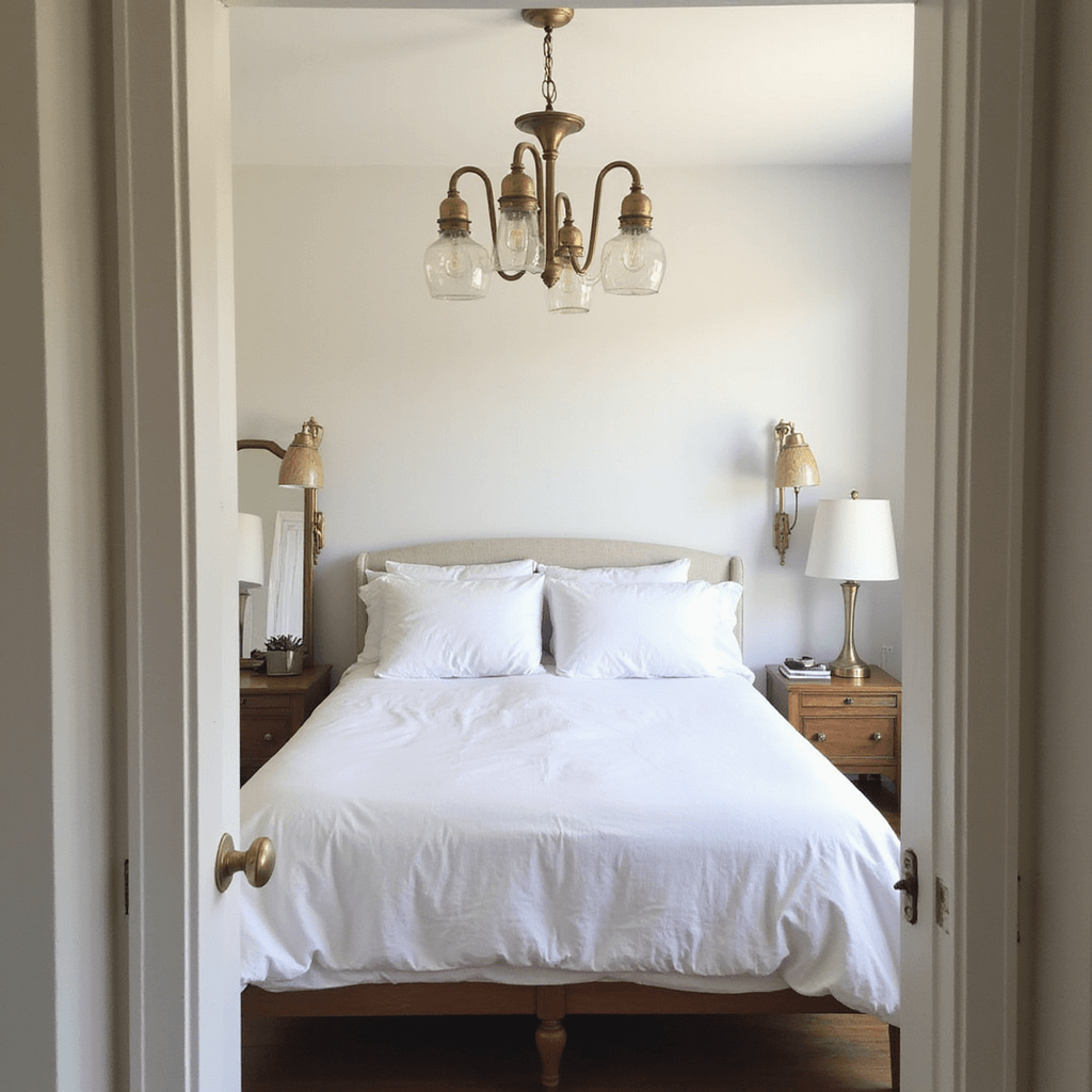 A bright 12x12' bedroom featuring all-white bedding under a vintage brass chandelier, enhanced by DIY geometric pendant lights. Mirrors reflect natural light, with smart bulbs adjusting lighting for a cozy atmosphere, all captured from the doorway.