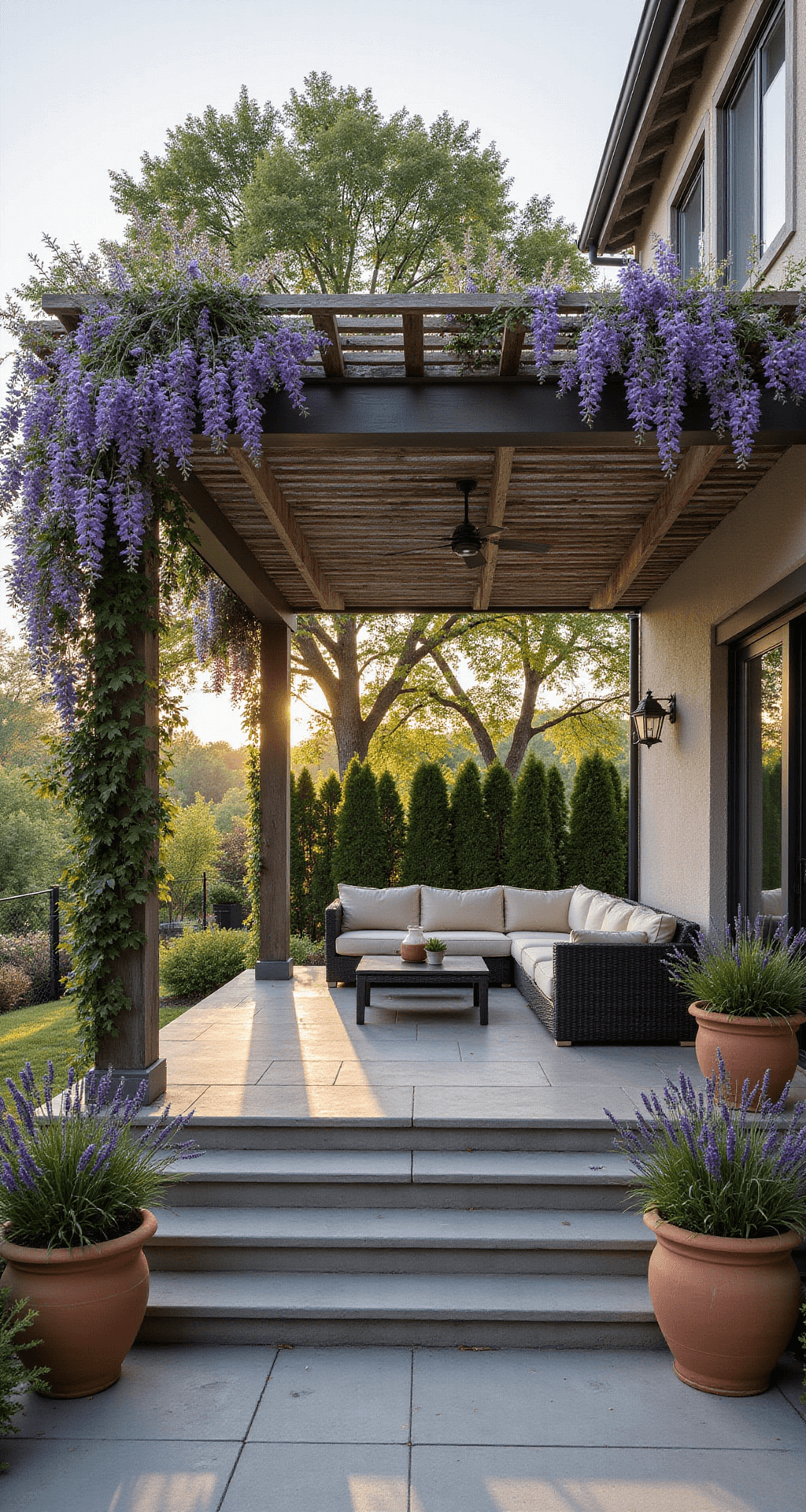 Wide-angle image of a garden terrace with a cedar pergola draped in blooming wisteria, showcasing a charcoal gray sectional sofa and terracotta pots, illuminated by golden hour light.