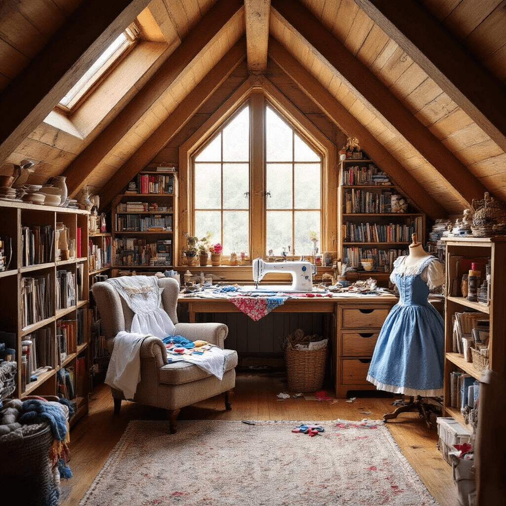 A cozy attic craft room with slanted ceilings and exposed wooden beams, featuring a central workstation filled with colorful fabric scraps and a sewing machine, large dormer window letting in warm late afternoon light, floor-to-ceiling bookshelves overflowing with craft supplies, and a plush armchair draped with a half-finished Alice in Wonderland costume.