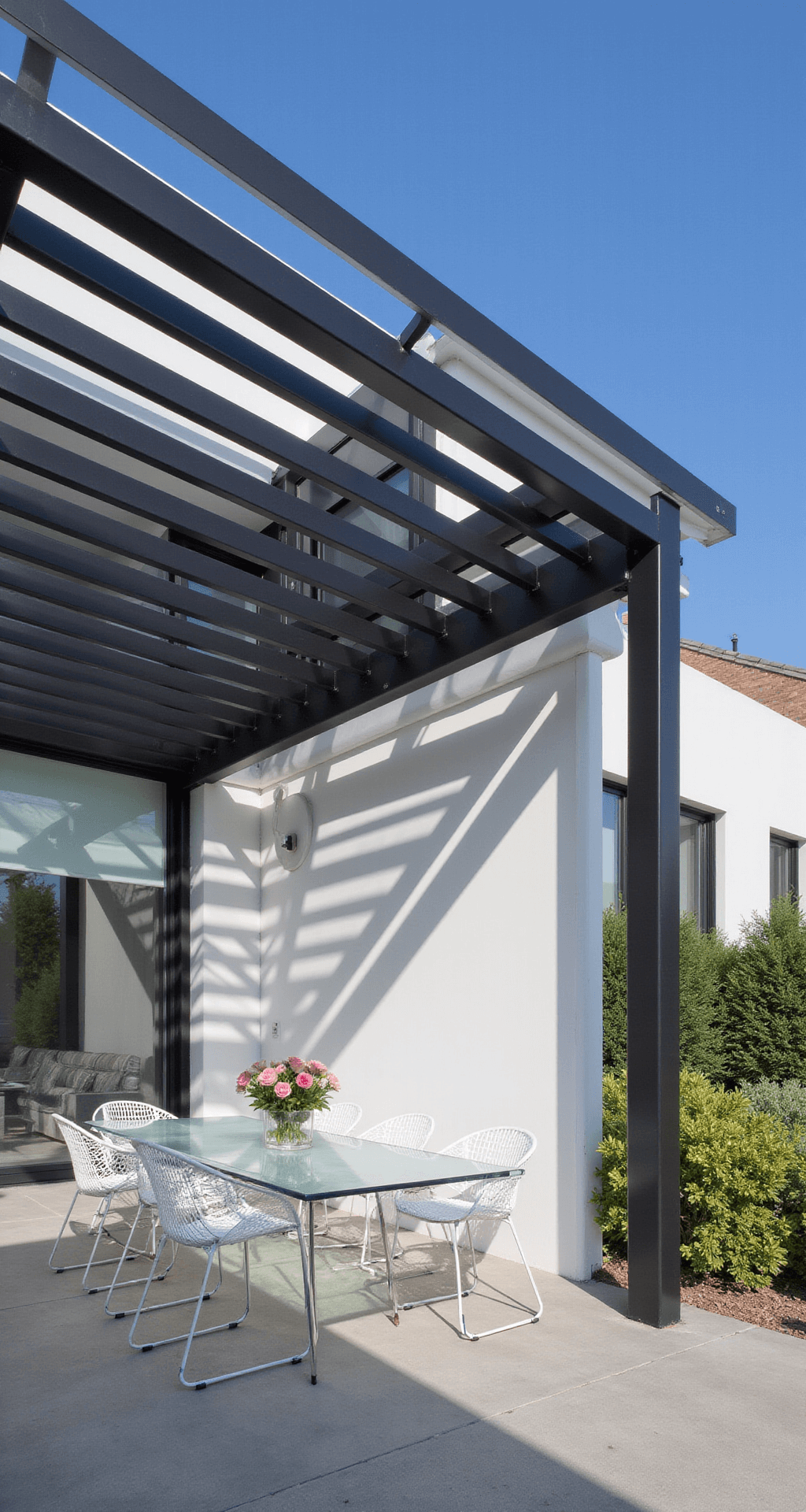 Low-angle view of a minimalist black aluminum pergola with horizontal slats, casting geometric shadows on a polished concrete dining area with a glass-top table and white mesh chairs, against a stark white modern house exterior.