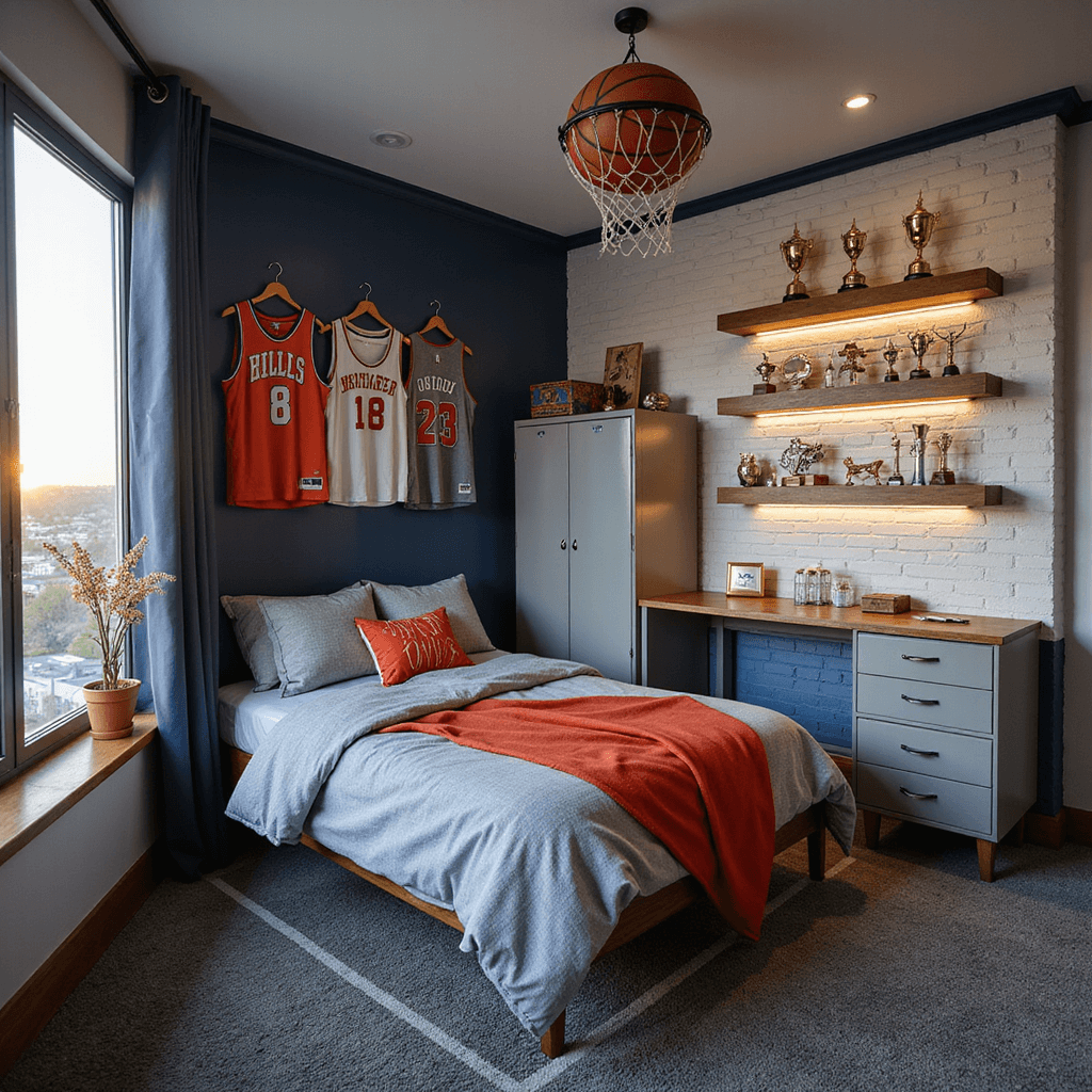 A sports-themed boy's bedroom featuring a twin bed with grey and red sports bedding, a collection of basketball jerseys on a navy accent wall, and a vintage locker-style dresser. The room is illuminated during golden hour, showcasing LED strip lighting on floating shelves with trophies, and has a cable-suspended basketball hoop above an industrial metal desk. The textured grey carpet features a court-line pattern, with dramatic side lighting enhancing the room's texture and depth.