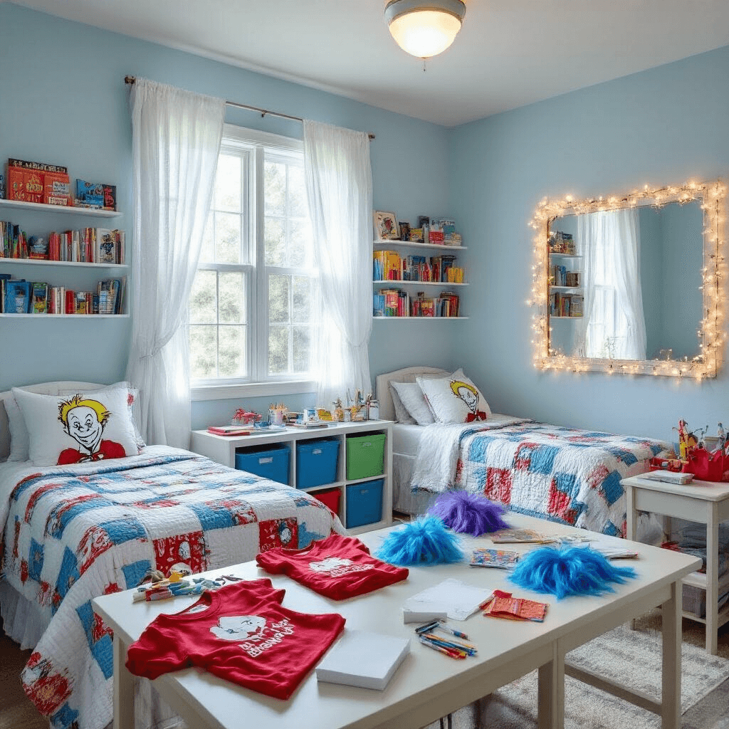 Bright children's bedroom with pale blue walls, twin beds in Dr. Seuss-themed quilts, a craft table with costume-making supplies for Thing 1 and Thing 2, bookshelves filled with colorful bins, and a large mirror with fairy lights, all illuminated by morning light.