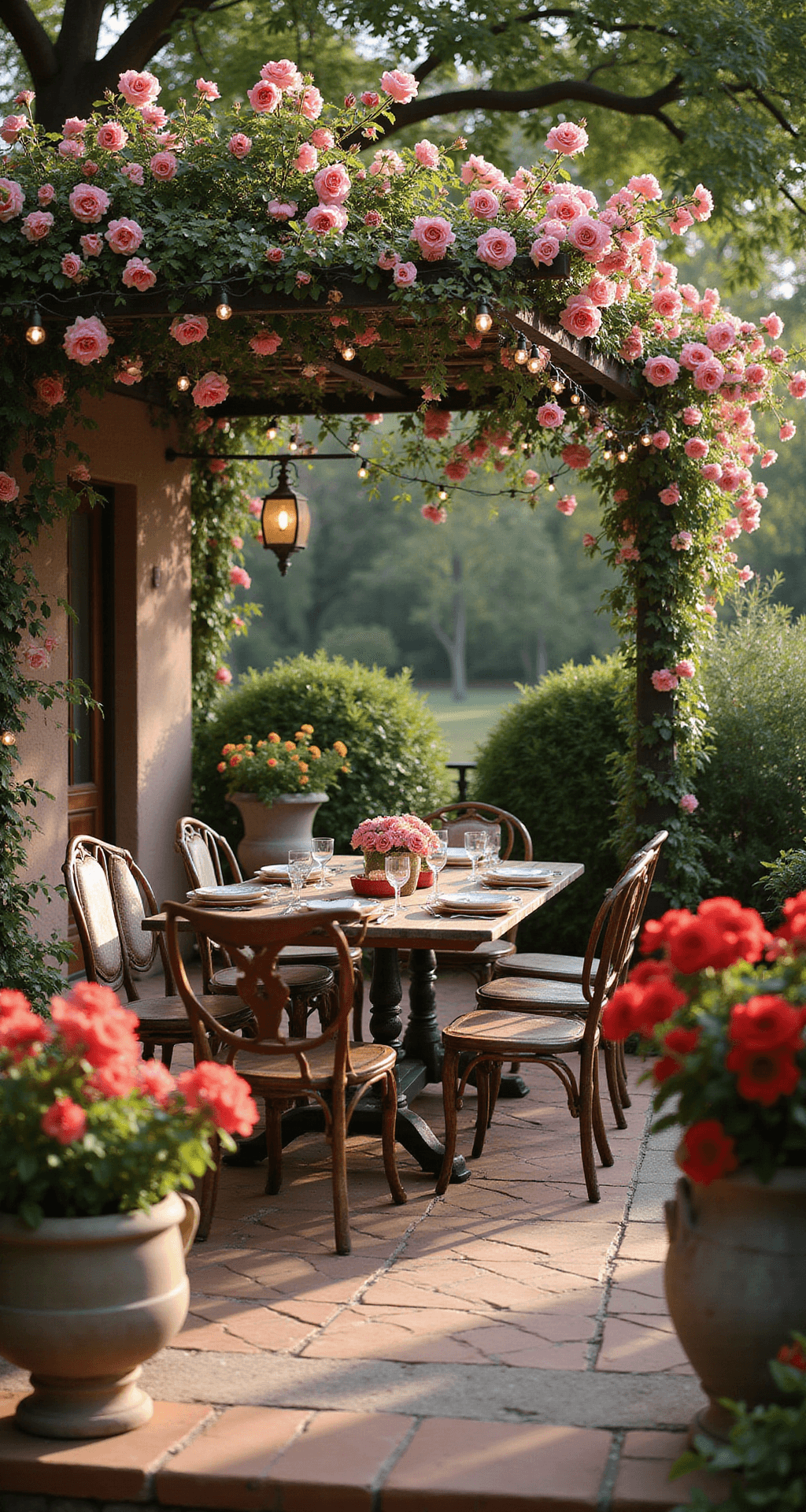Intimate setting under a Mediterranean-style wrought iron pergola adorned with climbing roses, featuring a rustic wooden table with mismatched vintage chairs. Soft pink morning light enhances the cozy atmosphere, with terracotta tiles below and string lights above. Weathered stone urns filled with coral and deep red geraniums add a romantic touch, captured from a seated eye level with a bokeh effect.