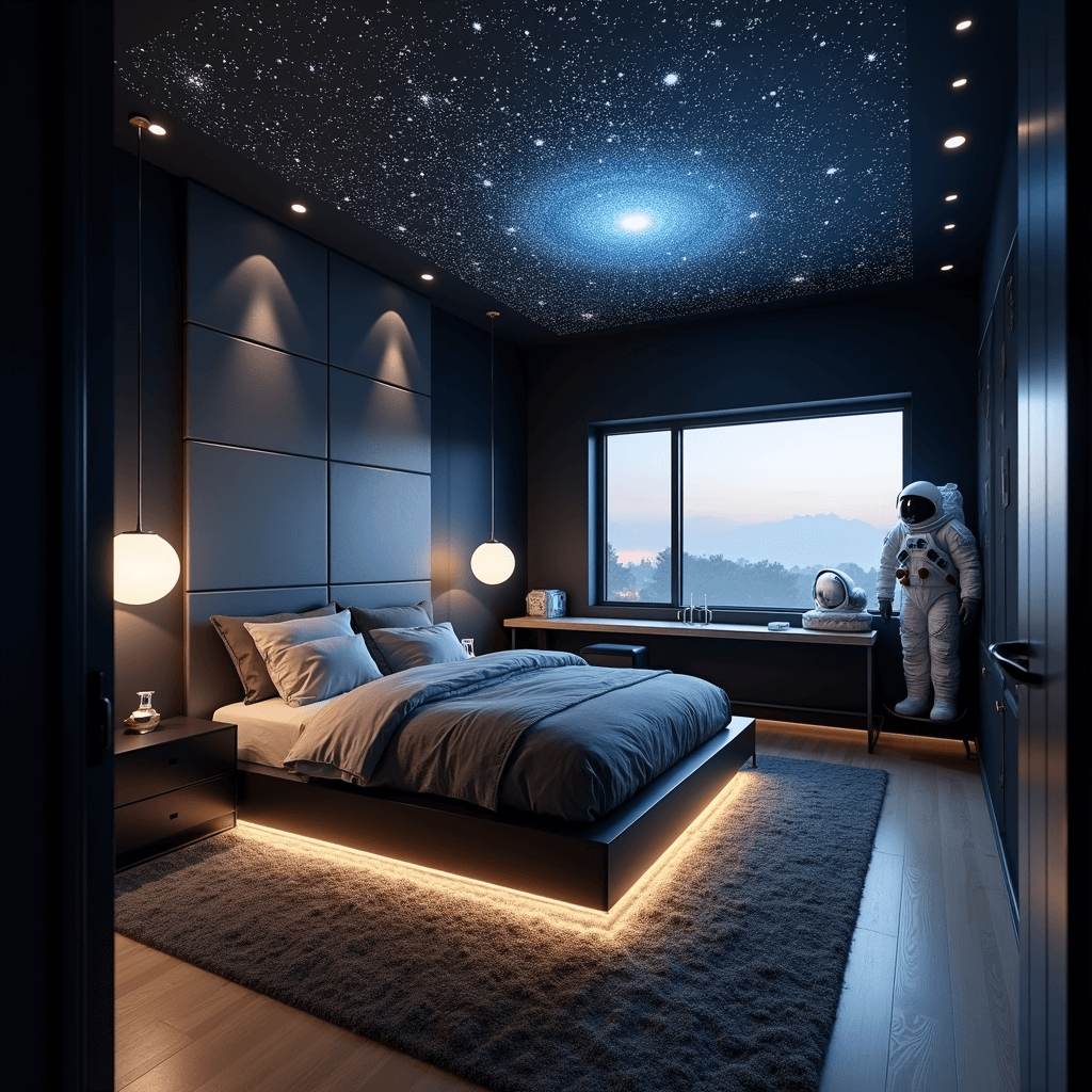 Wide-angle view of a space-themed bedroom at dusk, featuring a constellation projection on the vaulted ceiling, a matte black modernist platform bed with LED underglow, deep navy walls with silver accents, a glossy white rocket ship desk with chrome details, an orbital pendant light, a floating astronaut suit display, and a plush charcoal carpet. The shot is taken from the doorway at eye level, showcasing multiple practical lights for depth.
