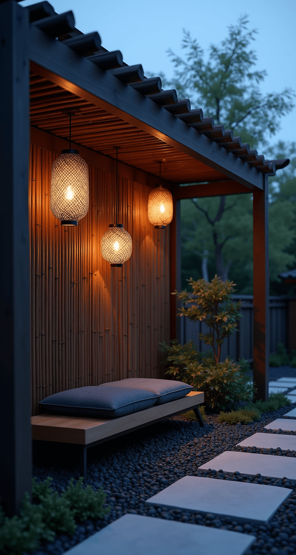 Zen garden pergola made of dark-stained bamboo during twilight, adorned with softly glowing paper lanterns. Below, black river rocks and moss surround a low teak bench with a charcoal cushion, while stands of black bamboo provide privacy. Uplighting accentuates the structure's architectural features, captured from a ground-level perspective with a shallow depth of field that emphasizes texture, creating a serene and contemplative atmosphere.