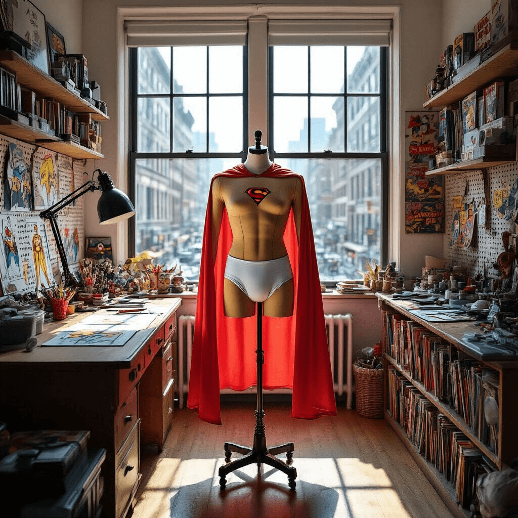 A quirky home office converted into a costume workshop featuring a vintage desk with superhero sketches, a dress form wearing a half-completed Captain Underpants costume, and overflowing bookshelves, all illuminated by dramatic late morning light and positioned to emphasize the heroic nature of the scene.