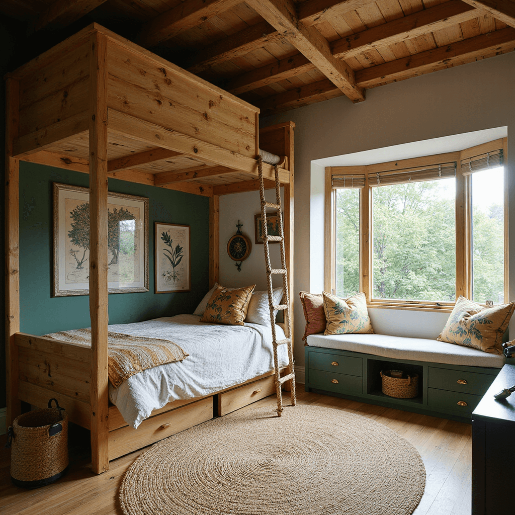 A cozy nature explorer bedroom featuring a treehouse-style loft bed, rustic decor, and adventure-themed accessories, illuminated by soft morning light.