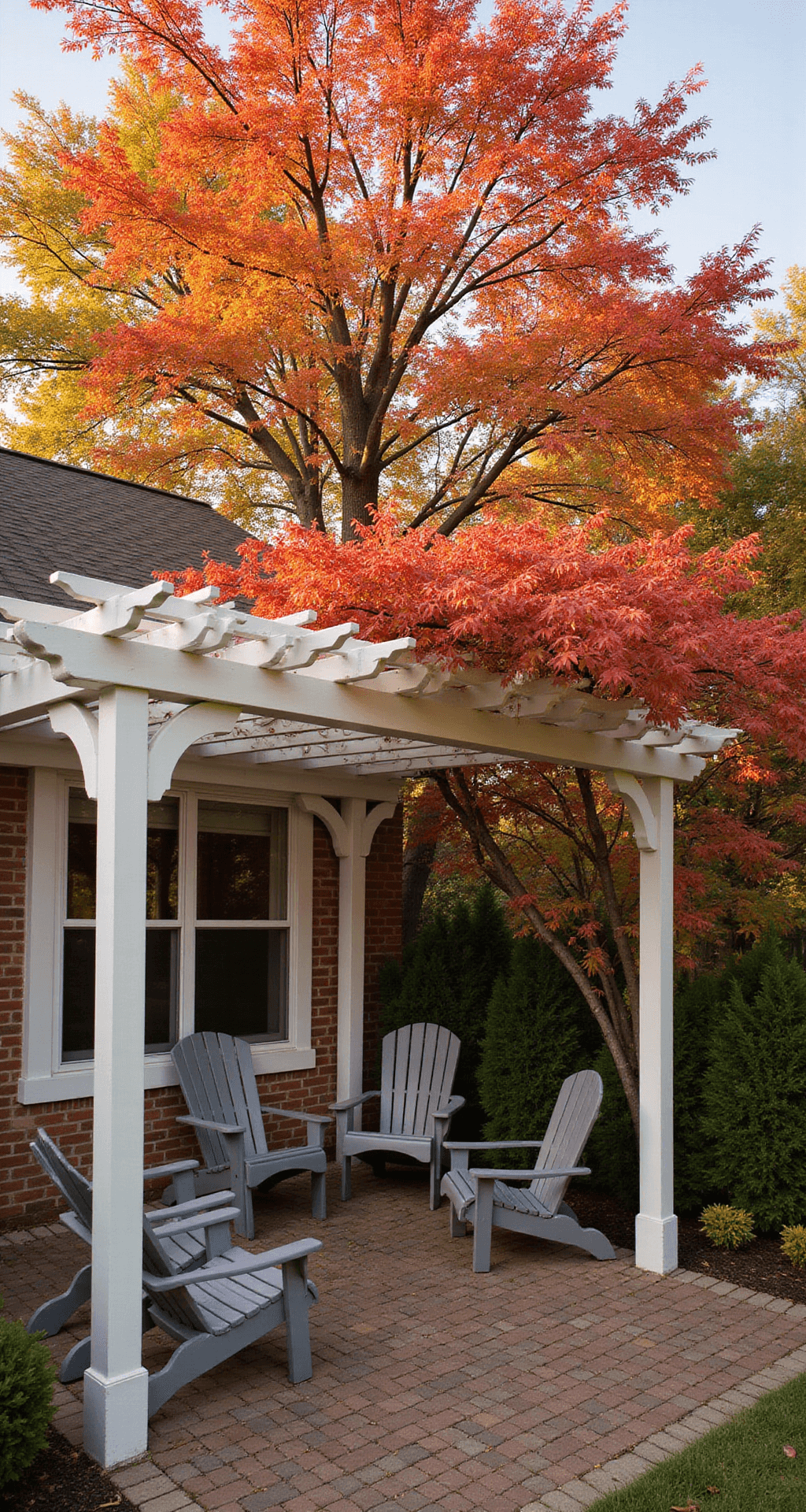 Corner view of a classic white wood pergola with vibrant Eastern Redbud trees in autumn colors, featuring modern slate gray Adirondack chairs on an aged brick patio with creeping thyme.