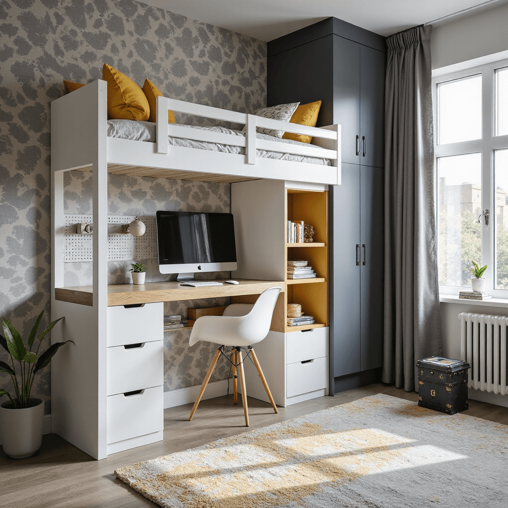 Modern boy's bedroom featuring a custom white bunk bed system with integrated desk and shelving, geometric grey and mustard wallpaper, modular charcoal cube storage, a tech station with hidden cable management, and a pegboard organization wall, all captured in mid-afternoon light.