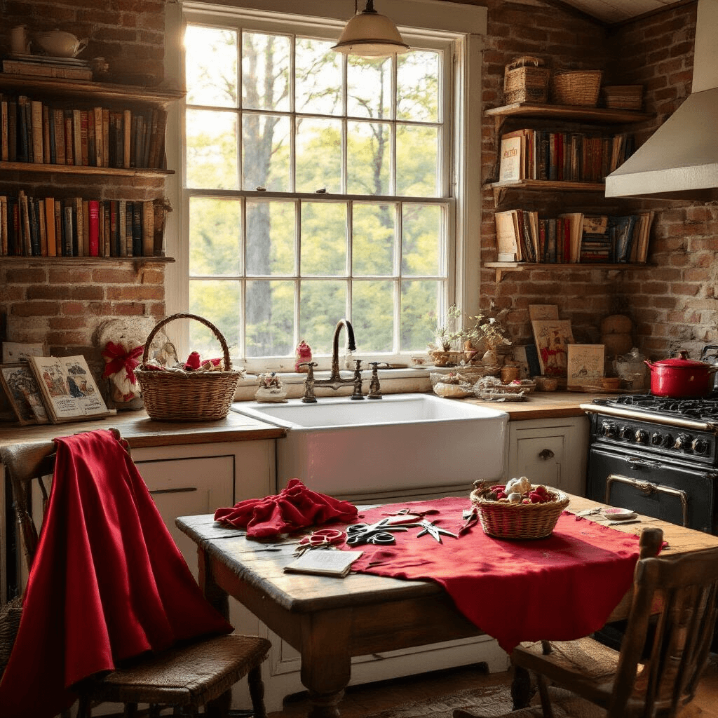 A cozy cottage kitchen with exposed brick walls, a farmhouse sink under a window, and golden hour sunlight. A rustic wooden table is adorned with sewing notions and a partially completed Little Red Riding Hood cape, while a wicker basket of faux treats sits nearby. Open shelves display cookbooks and fairy tales, complemented by a vintage stove, all captured with a soft, diffused focus on the costume elements.