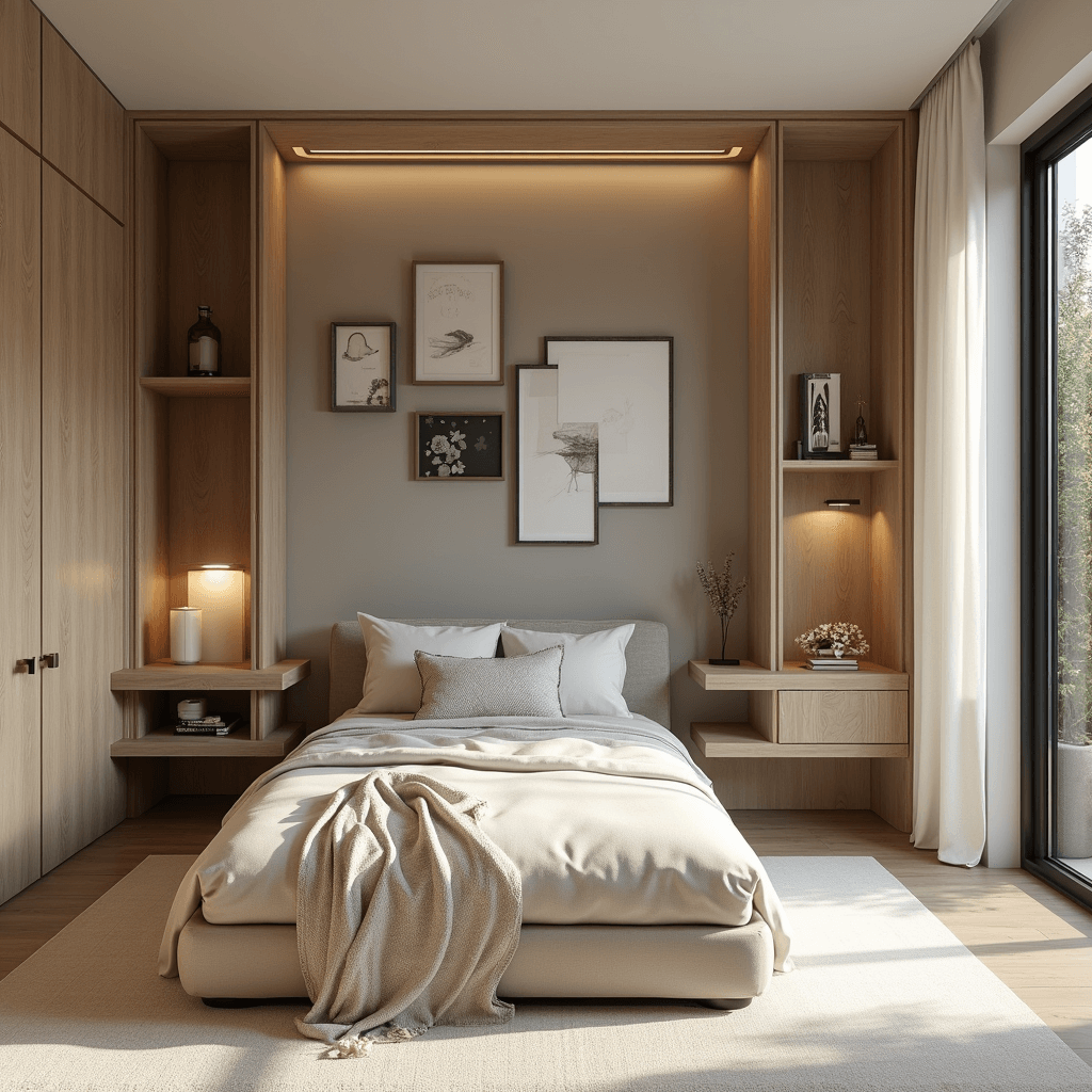 Age-adaptive bedroom featuring convertible natural oak furniture and hidden storage, with soft morning light illuminating neutral taupe walls adorned with graphic decals and a gallery wall at a 45-degree angle.