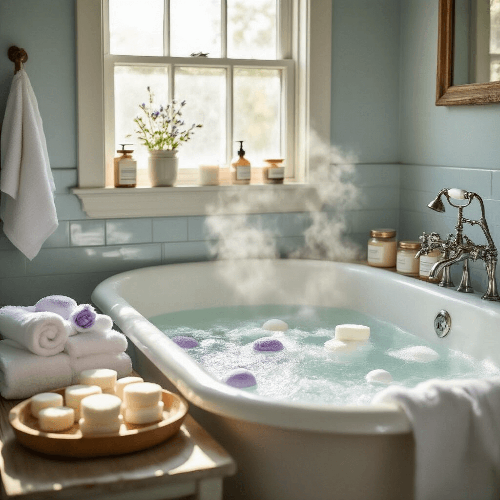 A serene sun-drenched bathroom featuring a clawfoot tub filled with steaming water, surrounded by homemade lavender bath bombs on a wooden tray. Fluffy white towels are nearby, with pale blue walls and white subway tile creating a calming atmosphere. A vintage vanity displays jars of DIY scrubs and soaps, all captured in warm natural light.