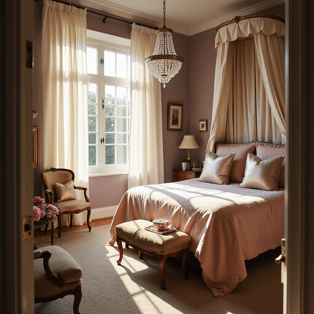 A romantic master bedroom featuring a king-size canopy bed with blush pink velvet bedding, bathed in warm golden hour sunlight, flanked by vintage French furniture and peonies, all captured in a dreamy wide-angle shot.