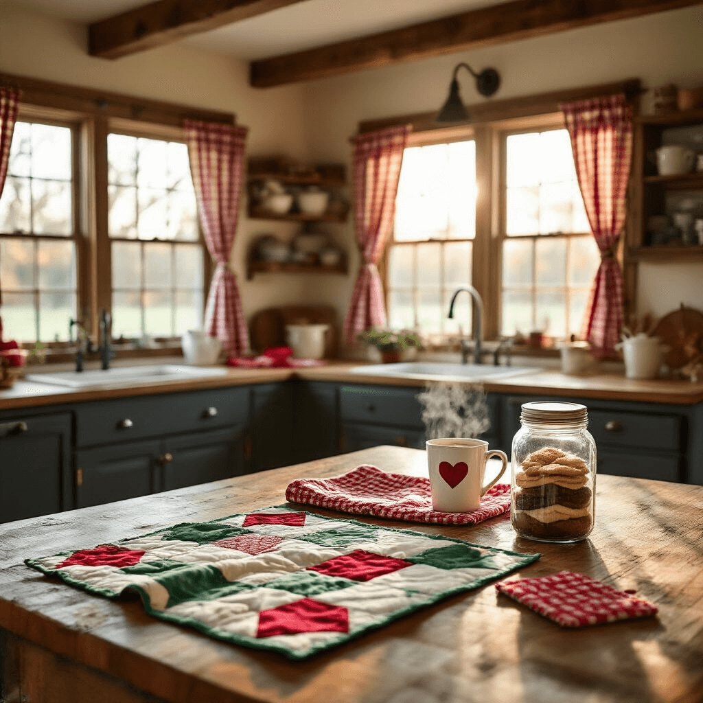 A rustic farmhouse kitchen with wooden beams, a large island displaying half-finished Christmas potholders, a white heart-decorated mug, a steaming mug of cocoa, and a Mason jar filled with layered cookie ingredients, all bathed in warm late afternoon sunlight filtering through gingham curtains.