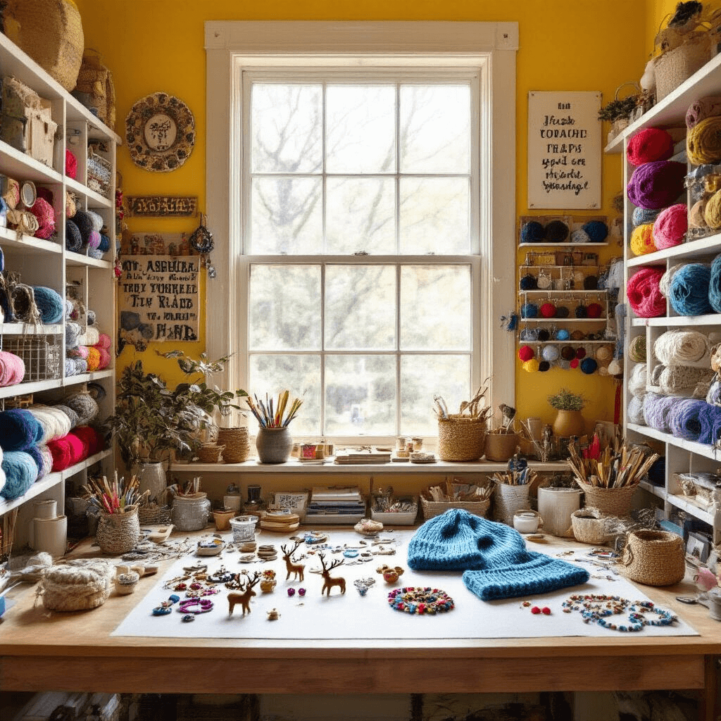 A bright and inviting craft room filled with floor-to-ceiling shelving units, showcasing colorful yarn and fabric. A central worktable displays DIY jewelry projects like tiny reindeer earrings and a half-finished crocheted hat, all bathed in warm midday light from a large picture window. The cheerful yellow walls are decorated with inspirational quotes, adding to the creative atmosphere.