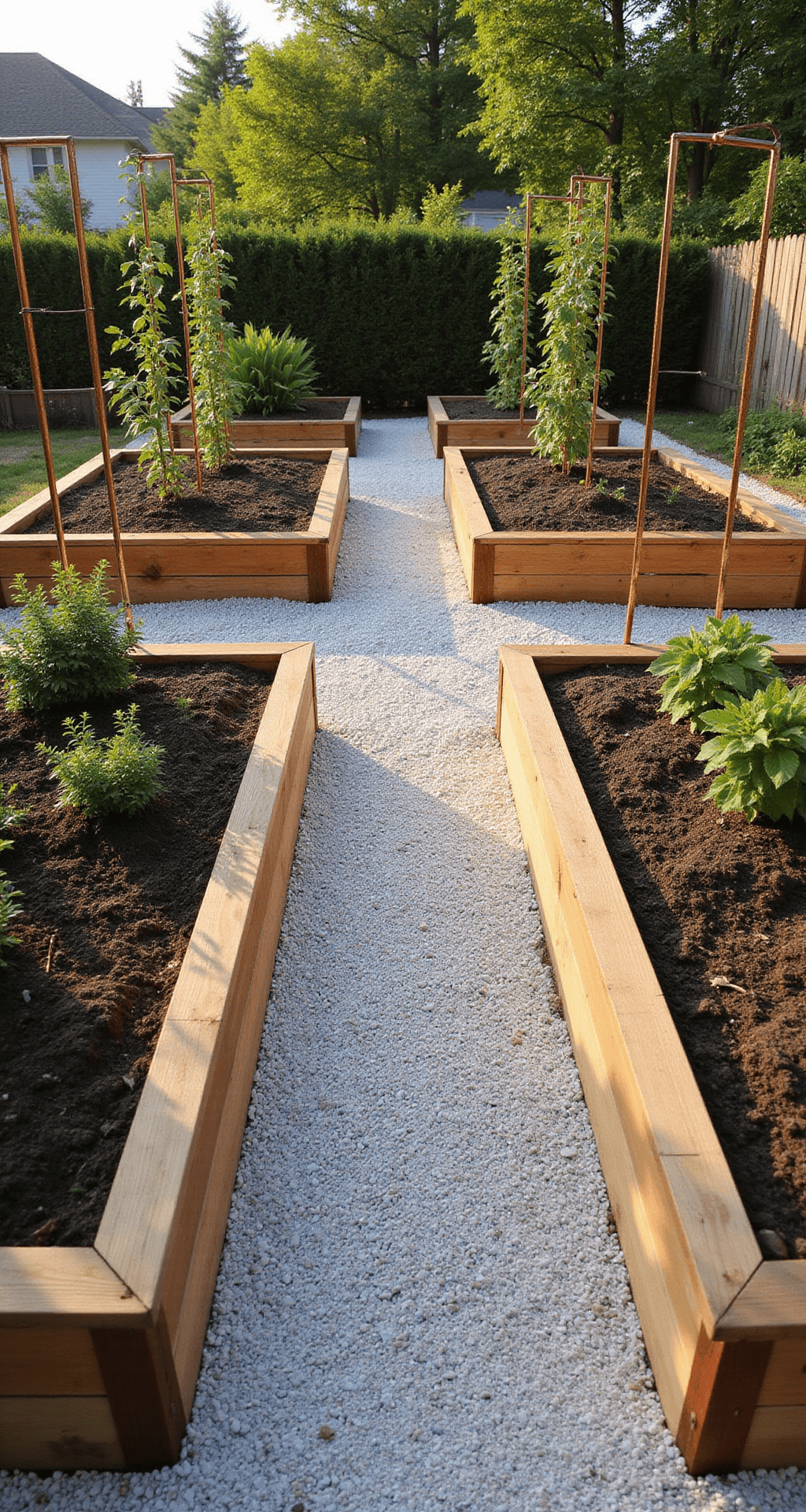 A sunlit backyard garden with four symmetrical raised cedar beds arranged in a geometric grid, featuring rich honey tones, 3-foot gravel pathways, newly planted vegetables, and professional gardening tools, all illuminated by soft golden hour lighting.