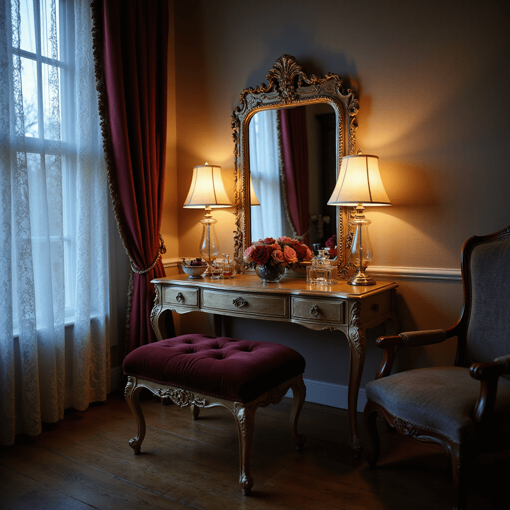 Intimate boudoir corner with an antique champagne gold vanity, Art Deco mirror reflecting warm light from mercury glass lamps, a deep burgundy tufted velvet ottoman, delicate lace curtains filtering blue hour light, vintage perfume bottles, and fresh roses, captured at dusk from a low angle with soft focus and moody lighting.