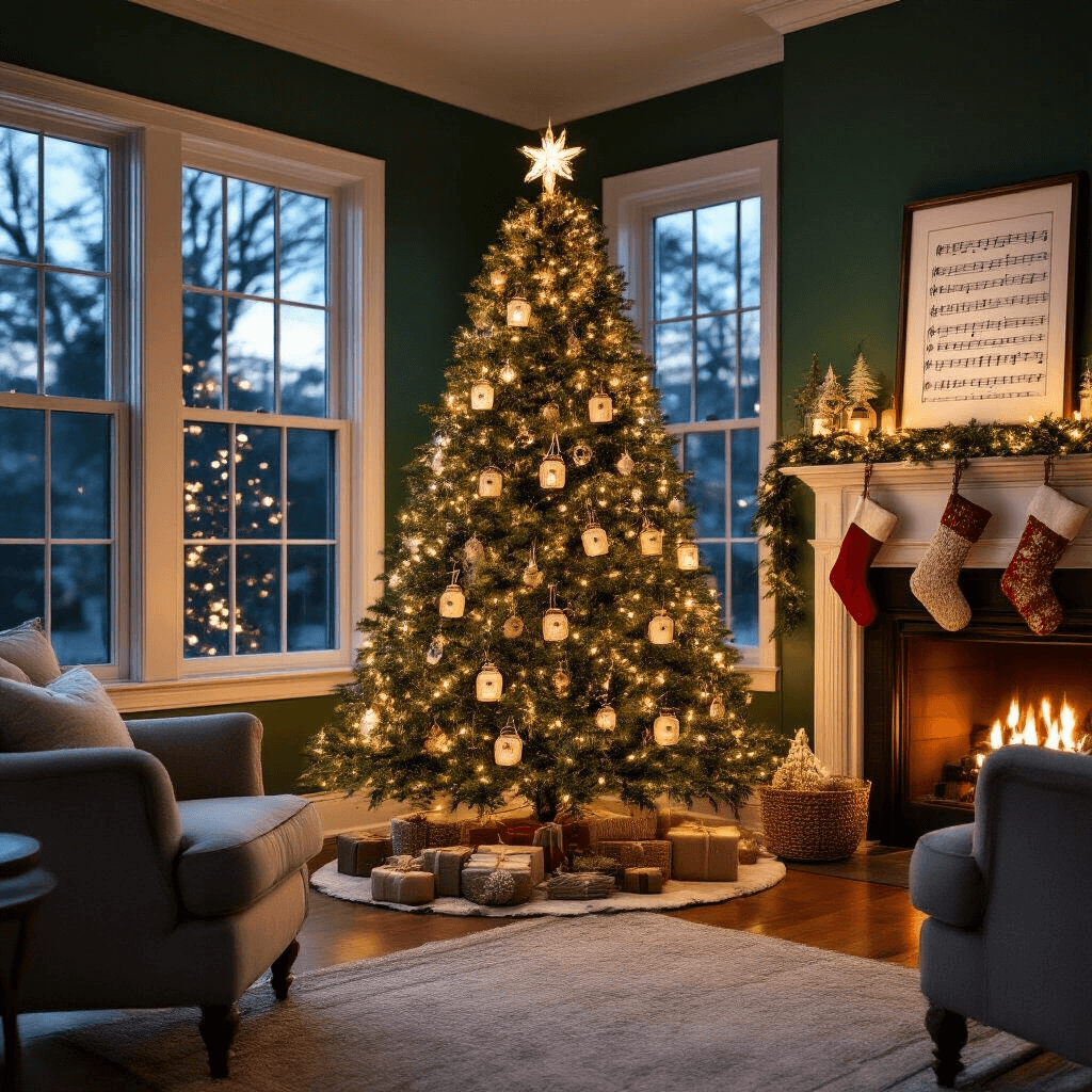 A cozy festive living room with a grand Christmas tree adorned with handmade ornaments, warm twilight lighting, deep forest green walls, a fireplace with stockings, and framed sheet music art on the mantel, capturing a magical holiday ambiance.