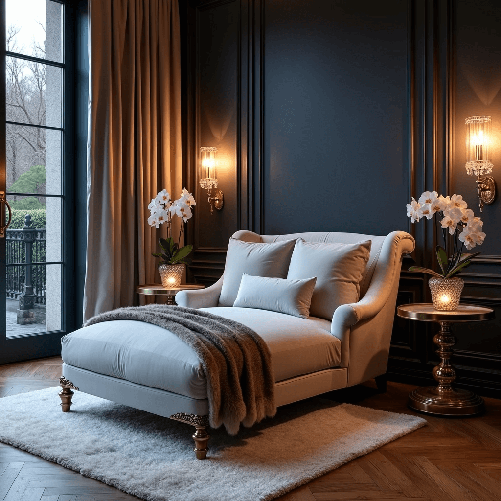 Luxurious bedroom seating area featuring a pearl grey velvet chaise lounge by French doors, adorned with a faux fur throw, warm ambient lighting from crystal sconces on a dark navy accent wall, metallic side tables with hurricane candles and orchids, herringbone hardwood floors, and a plush area rug, captured from a corner angle.