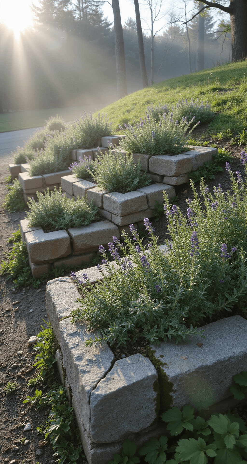 Early morning dew on a three-tiered stone raised bed system with weather-stained limestone blocks, cascading herbs, and morning mist, showcasing mixed Mediterranean herbs with sun rays piercing through.