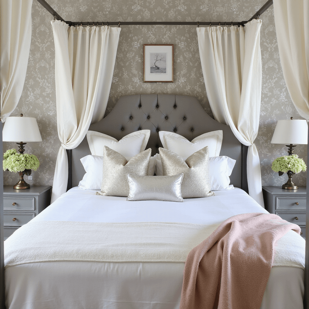 A high overhead shot of a serene morning light bedroom featuring a four-poster bed with flowing white canopy panels, a dove grey tufted headboard against a subtle damask wallpaper, and layered bedding with Egyptian cotton, cashmere throws, and mixed textile pillows in cream, blush, and silver. Antique brass reading lamps and fresh hydrangeas adorn the nightstands, all bathed in soft, diffused natural lighting.